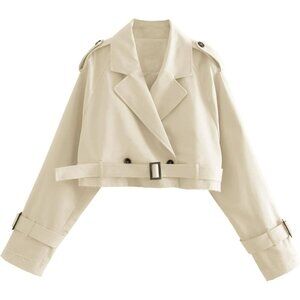 Women's Cropped Bike Jacket Casual Double Breasted Trench Coat with Belt Beige